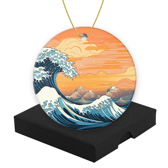 Round Christmas Ornament Ceramic Keepsake Holiday Christmas Decoration 2.95in - Stylized Ocean Waves in An Orange - Sky Illustration