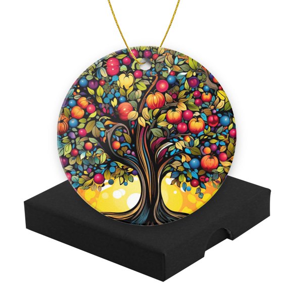 Round Christmas Ornament Ceramic Keepsake Holiday Christmas Decoration 2.95in - Tree of Multicolored Fruits in A Fantasy Style