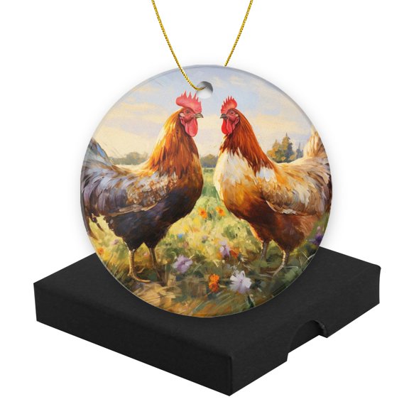 Round Christmas Ornament Ceramic Keepsake Holiday Christmas Decoration 2.95in - Two Roosters in A Flowering Meadow