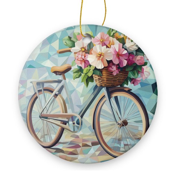 Round Christmas Ornament Xmas Keepsake Ceramic Ornaments Holiday Decorations for Tree Christmas Gift Ideas 2.95in - Bicycle With Flower - Filled Basket Against A Geometric Background