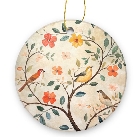Round Christmas Ornament Xmas Keepsake Ceramic Ornaments Holiday Decorations for Tree Christmas Gift Ideas 2.95in - Birds on Flowering Branches in Watercolor