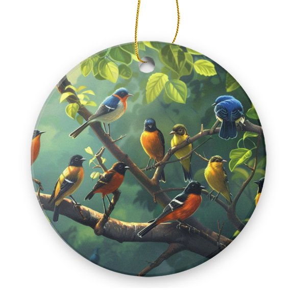 Round Christmas Ornament Xmas Keepsake Ceramic Ornaments Holiday Decorations for Tree Christmas Gift Ideas 2.95in - Birds in A Green - Leafed And Flowering Bower