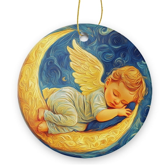Round Christmas Ornament Xmas Keepsake Ceramic Ornaments Holiday Decorations for Tree Christmas Gift Ideas 2.95in - The Enchanting Allure of An Angel in A Cozy - Starry Scene