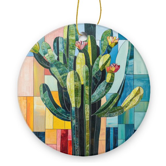 Round Christmas Ornament Xmas Keepsake Ceramic Ornaments Holiday Decorations for Tree Christmas Gift Ideas 2.95in - Flowering Cactus in A Geometric - Block Style