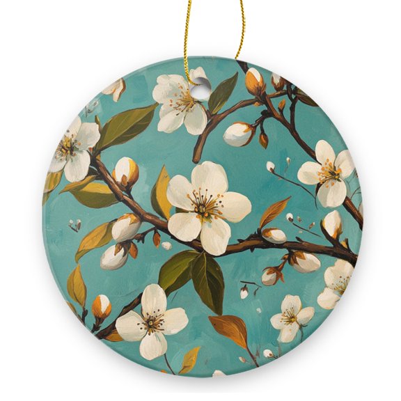 Round Christmas Ornament Xmas Keepsake Ceramic Ornaments Holiday Decorations for Tree Christmas Gift Ideas 2.95in - The Fresh Allure of Flowering Twigs