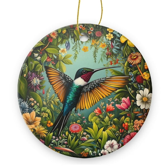 Round Christmas Ornament Xmas Keepsake Ceramic Ornaments Holiday Decorations for Tree Christmas Gift Ideas 2.95in - Hummingbird Flying Among Colorful Flowers