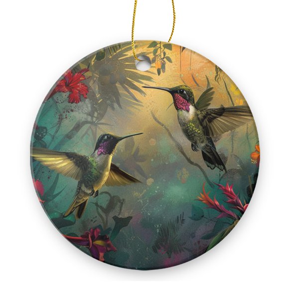 Round Christmas Ornament Xmas Keepsake Ceramic Ornaments Holiday Decorations for Tree Christmas Gift Ideas 2.95in - Hummingbirds Navigating Through A Flowering Paradise