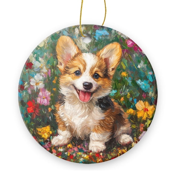 Round Christmas Ornament Xmas Keepsake Ceramic Ornaments Holiday Decorations for Tree Christmas Gift Ideas 2.95in - Joyful Corgi in A Flowering Meadow