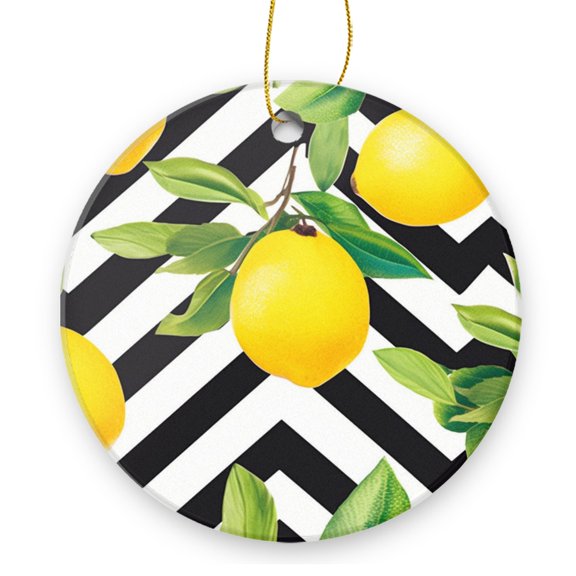 Round Christmas Ornament Xmas Keepsake Ceramic Ornaments Holiday Decorations for Tree Christmas Gift Ideas 2.95in - Lemon And Leaf Pattern With Zig - Zag Stripes