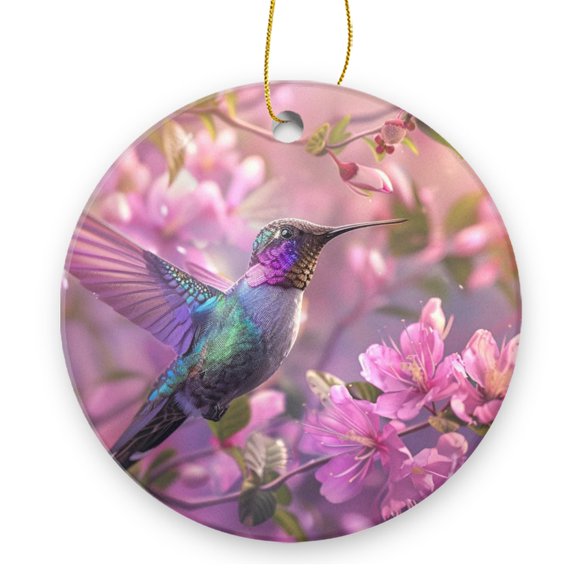 Round Christmas Ornament Xmas Keepsake Ceramic Ornaments Holiday Decorations for Tree Christmas Gift Ideas 2.95in - Pink Flowering Twigs And The Glistening Hummingbird