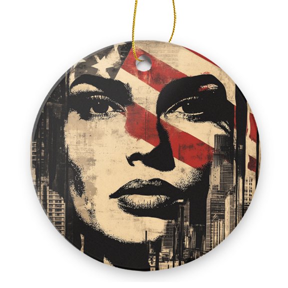 Round Christmas Ornament Xmas Keepsake Ceramic Ornaments Holiday Decorations for Tree Christmas Gift Ideas 2.95in - Portrait With American Flag And Urban Elements