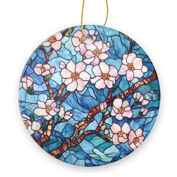Round Christmas Ornament Xmas Keepsake Ceramic Ornaments Holiday Decorations for Tree Christmas Gift Ideas 2.95in - Stained - Glass Style Painting of Pink Flowering Branches