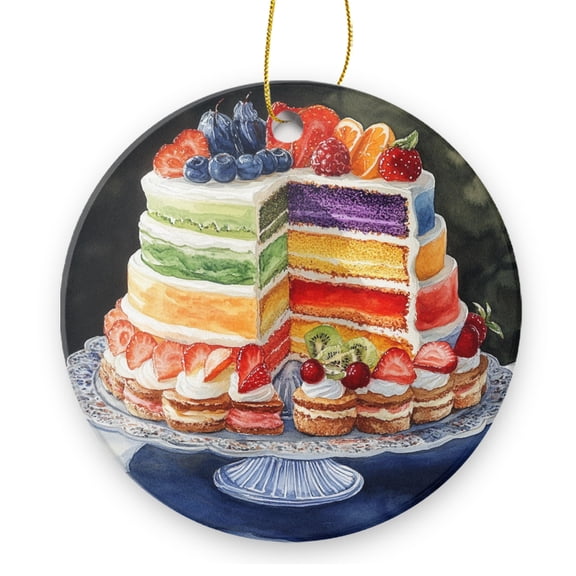 Round Christmas Ornament Xmas Keepsake Ceramic Ornaments Holiday Decorations for Tree Christmas Gift Ideas 2.95in - Watercolor Rainbow Cake With Fruits
