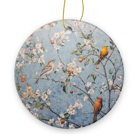 Round Christmas Ornament Xmas Keepsake Ceramic Ornaments Holiday Decorations for Tree Christmas Gift Ideas 2.95in - Birds on Flowering Branches