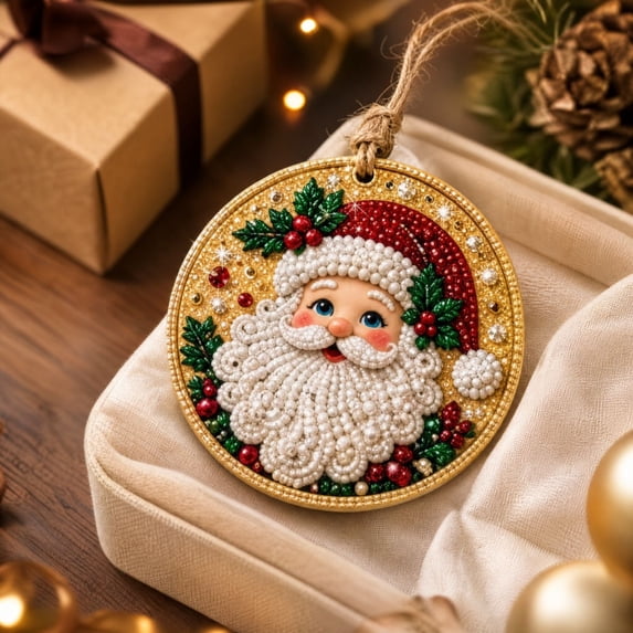 Round Christmas Pearl Bead Style Ornament, Santa Claus Design with ...