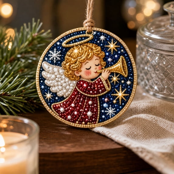 Round Christmas Pearl Bead Style Ornament, Trumpet Angel Design with ...