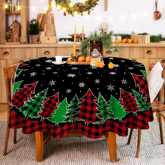 Round Christmas Tablecloth 60 Inch, Christmas Trees Table Cloth, Black Buffalo Plaid Winter Xmas Tablecloths and Snowflake for Kitchen Dining Decor