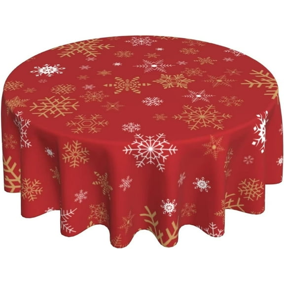 Round Christmas Tablecloth 60 Inch,Red Gold Snowflake Tablecloth,Winter Holiday Xmas Table Cloth Waterproof Washable Polyester Table Cover for Home Rustic Farmhouse Dining Table Decorations