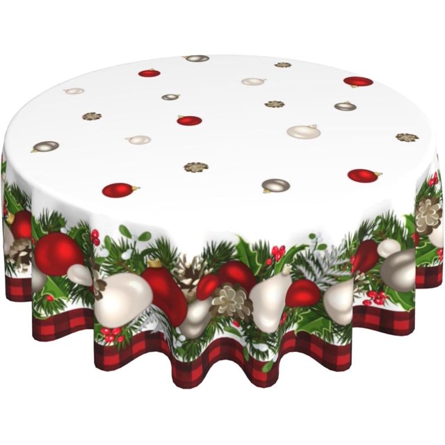 Round Christmas Tablecloth 60 Inches Xmas Balls Resistant Tablecloths