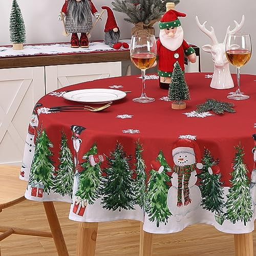 Round Christmas Tablecloth, 60" Red Christmas Tree Design, Easy to Clean, Festive Table Cover for Kitchen Dining Holiday Party Outdoor