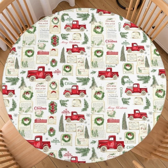 Round Christmas Tablecloth Best for 40"-44" Xmas Fitted Round Tablecloths Elastic Edge Water-Resistant Washable Holiday Christmas Table Cover Tree for Party Picnic Camping Indoor Decor