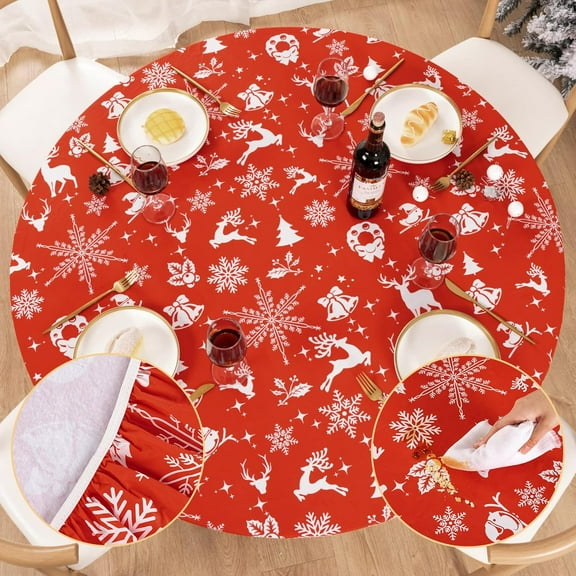 Round Christmas Tablecloth with Elastic Edged & Flannel Backing, Waterproof Wipeable Round Fitted Vinyl Table Cover for Indoor Patio Use - Fits Tables up to 40"-44" Diameter(Elk)