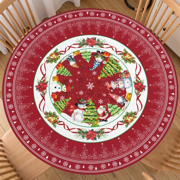 Round Christmas Tablecloth Fitted Best for 36"-40" Xmas Red Green Tree Table Cloth Elastic Edge Circle Santa Gnomes Water-Resistant Washable Snowflakes Table Cover for Party Picnic Indoor Decor