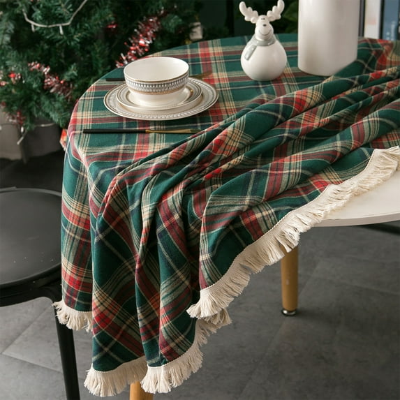 Round Christmas Tablecloth, Red & Green Christmas Plaid Tablecloth, Cotton-Linen Blend Wrinkle-Resistant Table Cover, Checkered Tablecloth with Fringe for Christmas Decorations 59 Inches
