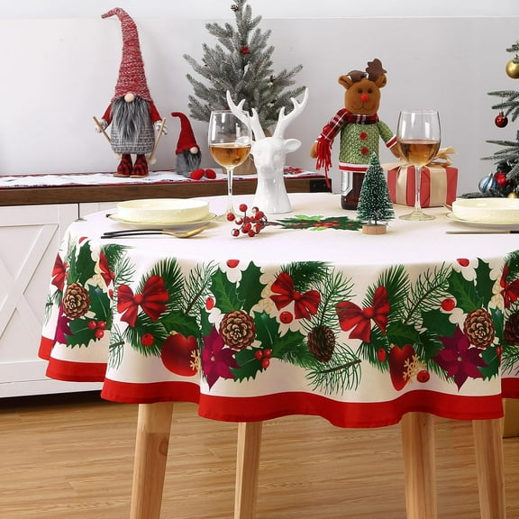 Round Christmas Tablecloth, Round Outdoor Christmas Table Cloth 60 Inch, Xmas Winter Holiday Banquet Tablecloth Flower Decorations Christmas Table Decor Indoor for Home