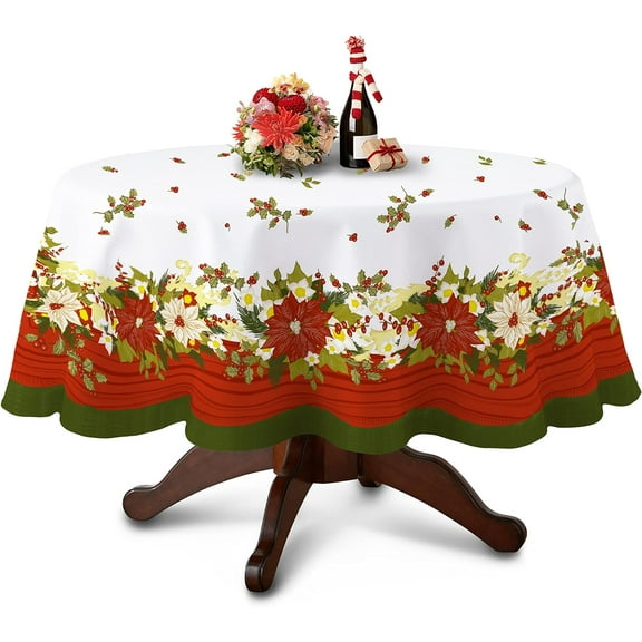 Round Christmas Tablecloth, Christmas Table Cloth Round Winter Snowflake Xmas Holiday Tablecloth For Christmas Decor, Waterproof Wrinkle Free Red Christmas Round Tablecloth For Round Tables 60 X 60