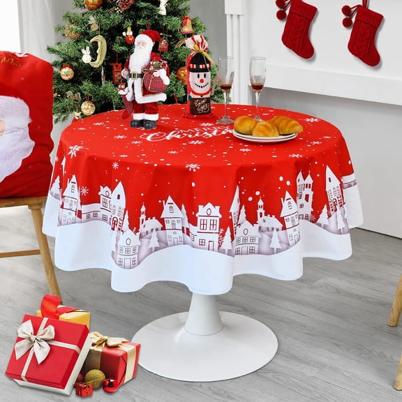 Round Christmas Tablecloth - Xmas Table Cloth Waterproof and Washable Holiday Snow Town Decorative Table Cover for Party Kitchen Dining Room, 60 Inch