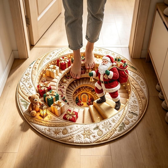 Round Christmas Themed Floor Mat with 3D Optical Illusion Design, Skidproof Soft Plush Area Rug for Living Room Bedroom Entrance and Holiday Party