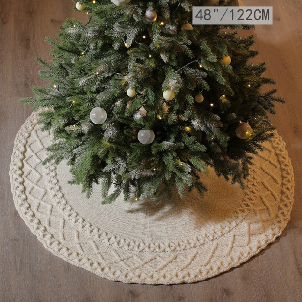 Round Christmas Tree Skirt 48 Inch Cable Knitted Thick Rustic Tree