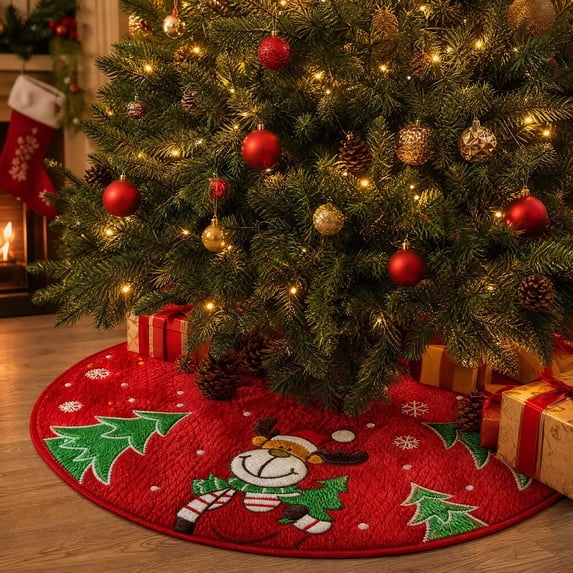 Round Christmas Tree Skirt, 90cm Printed Polyester Base Cover with ...