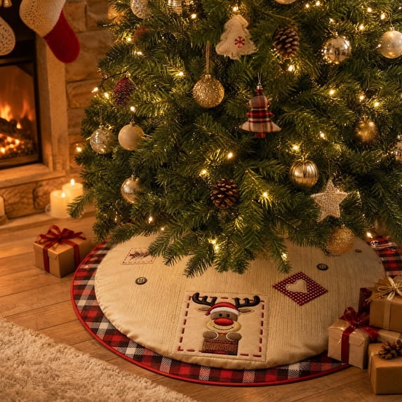 Round Christmas Tree Skirt, 90cm Printed Polyester Base Cover with ...