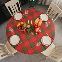 Round Christmas Vinyl Tablecloth, Holiday PVC Table Cloth with Flannel Backing 100% Waterproof Wipe Clean Red Table Cover for Party Indoor and Outdoor, 40"- 44"