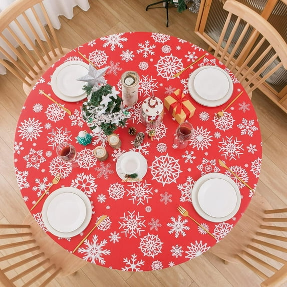 Round Christmas Vinyl Tablecloth with Elastic Edge, Snowflake PVC Table Cloth 100% Waterproof Red Fitted Table Cover for Holiday Patry, 40"- 44"