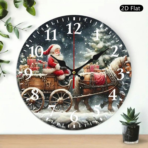 Round Christmas Wall Clock, Santa Claus Riding Sleigh With Horse Design, Decorative Holiday Timepiece For Home Decor, 10x10 Inch, 1pc, Battery Not Included