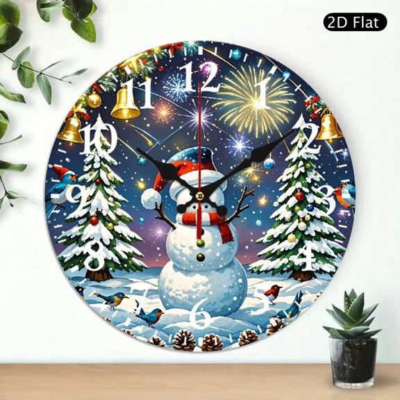 Round Christmas Wall Clock With Snowman And Fireworks Pattern, Decorative Holiday Timepiece For Home Decor, 10x10 Inch, 1pc, Battery Not Included