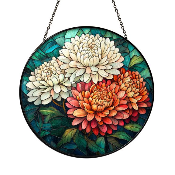 Round Chrysanthemum Stained Glass Window Hanging with Blooming Flowers, Bright Floral Suncatcher for Cozy Interiors