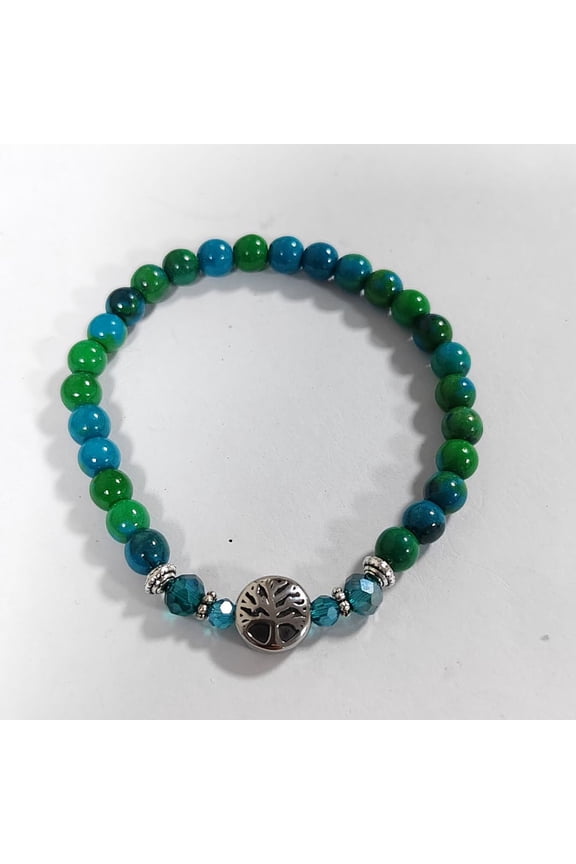 Round Chrysocolla Beaded Stretch Bracelets Glass Bead & Alloy Tree of Life Bracelets for Women Men Dodger Blue Inner Diameter: 2-1/8 inch(5.5cm)