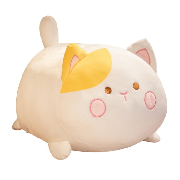 Round Chubby Mochi Cat Plushie Toy, Japanese Plush Cat Pillow - Soft Plush, Adorable Cartoon Cat with Pink Cheeks & Yellow Patch - For Kids & Adults, Bedroom Decor, Living Room Cushion, Nap Pillow, C