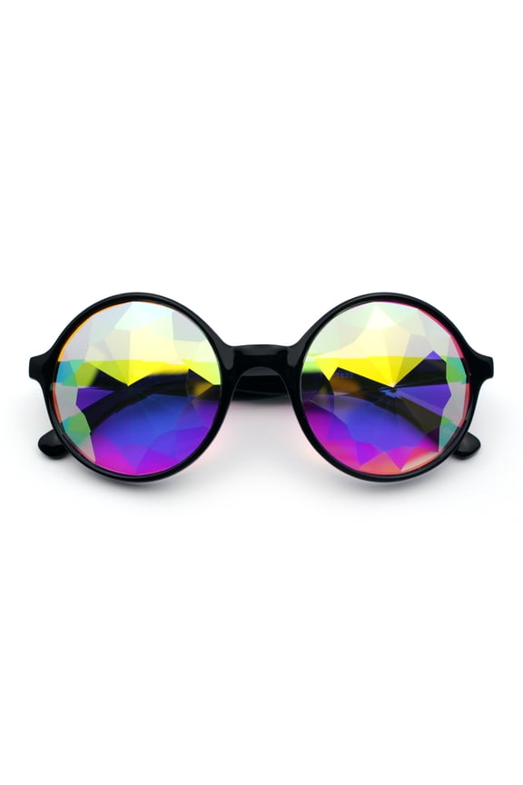Round Circle Kaleidoscope Lens Plastic Rim Glass Crystal EDM Festival Diffraction Glasses Black