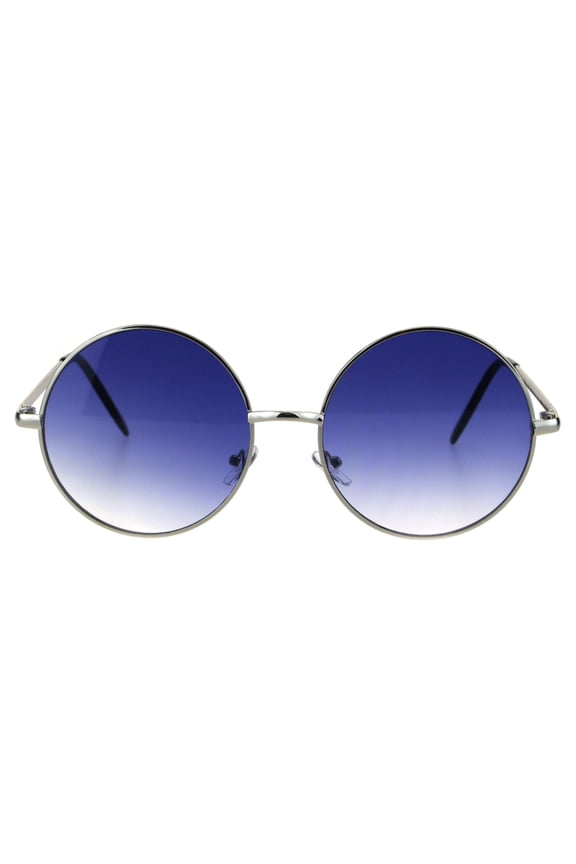 Round Circle Lens Hippie Metal Rim Gradient Sunglasses Silver Blue