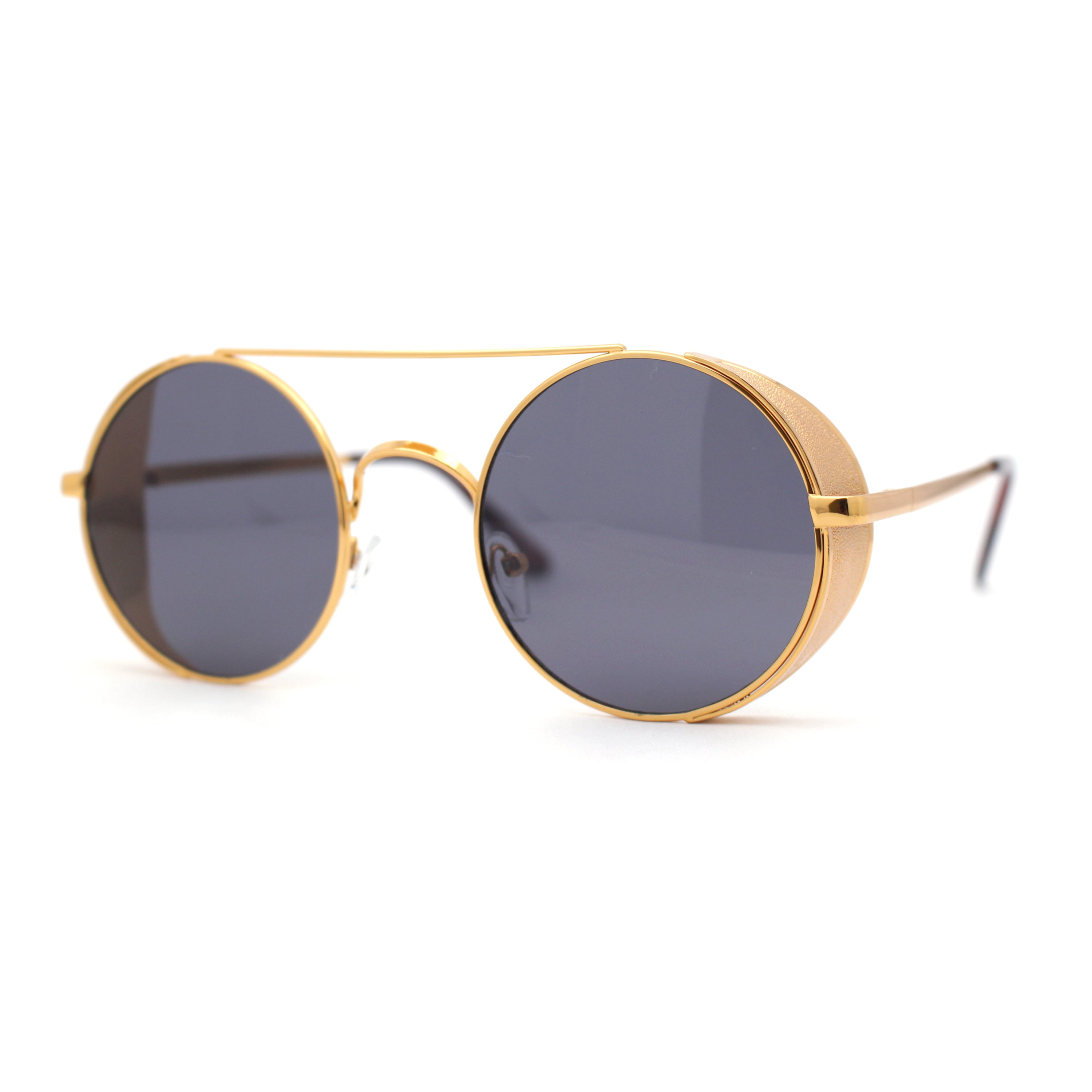 Round Circle Lens Side Windbreaker Retro Double Bridge Cafe Racer Sunglasses  Yellow Gold - Black 