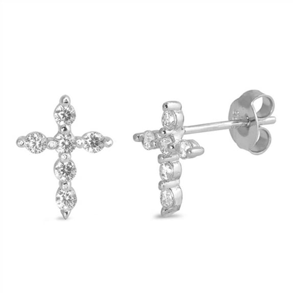 Round Clear CZ Classic Cross Stud Earring Sterling Silver