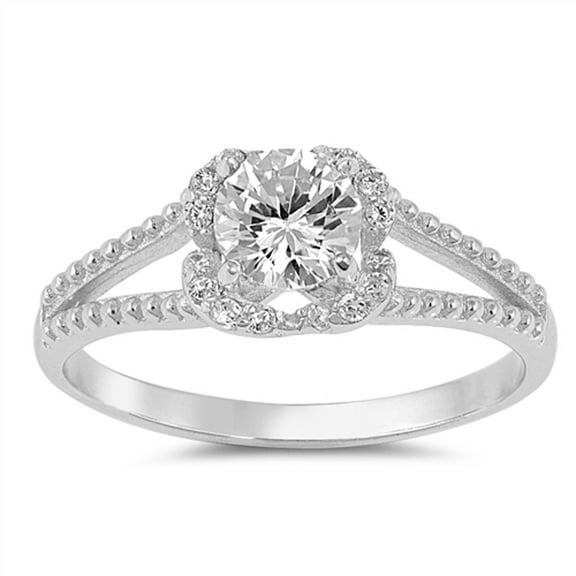 Round Clear CZ Halo Wedding Ring .925 Sterling Silver Beaded Band White Jewelry Female Size 9