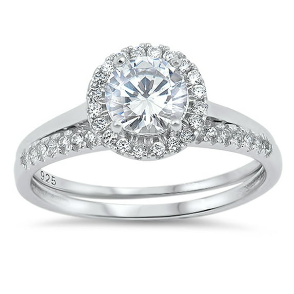Round Clear CZ Halo Wedding Ring Set .925 Sterling Silver Band White Jewelry Female Size 9