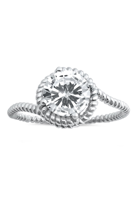 Round Clear CZ Solitaire Twisted Rope Halo .925 Sterling Silver Ring White Female Size 10