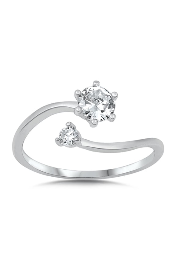Round Clear CZ Wavy Open Ring Sterling Silver Size 6